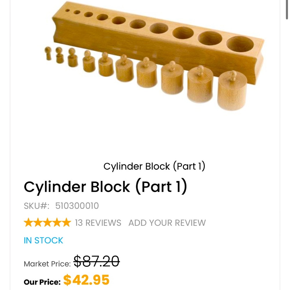 Montessori learning toy cylinder blocks part # 1 for measurement